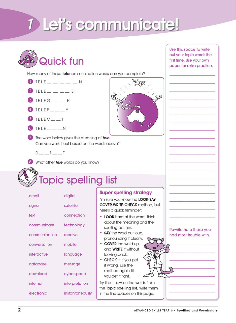Sample interior page from the Excel Advanced Skills Spelling and Vocabulary Year 6 workbook showing the layout of the activities
