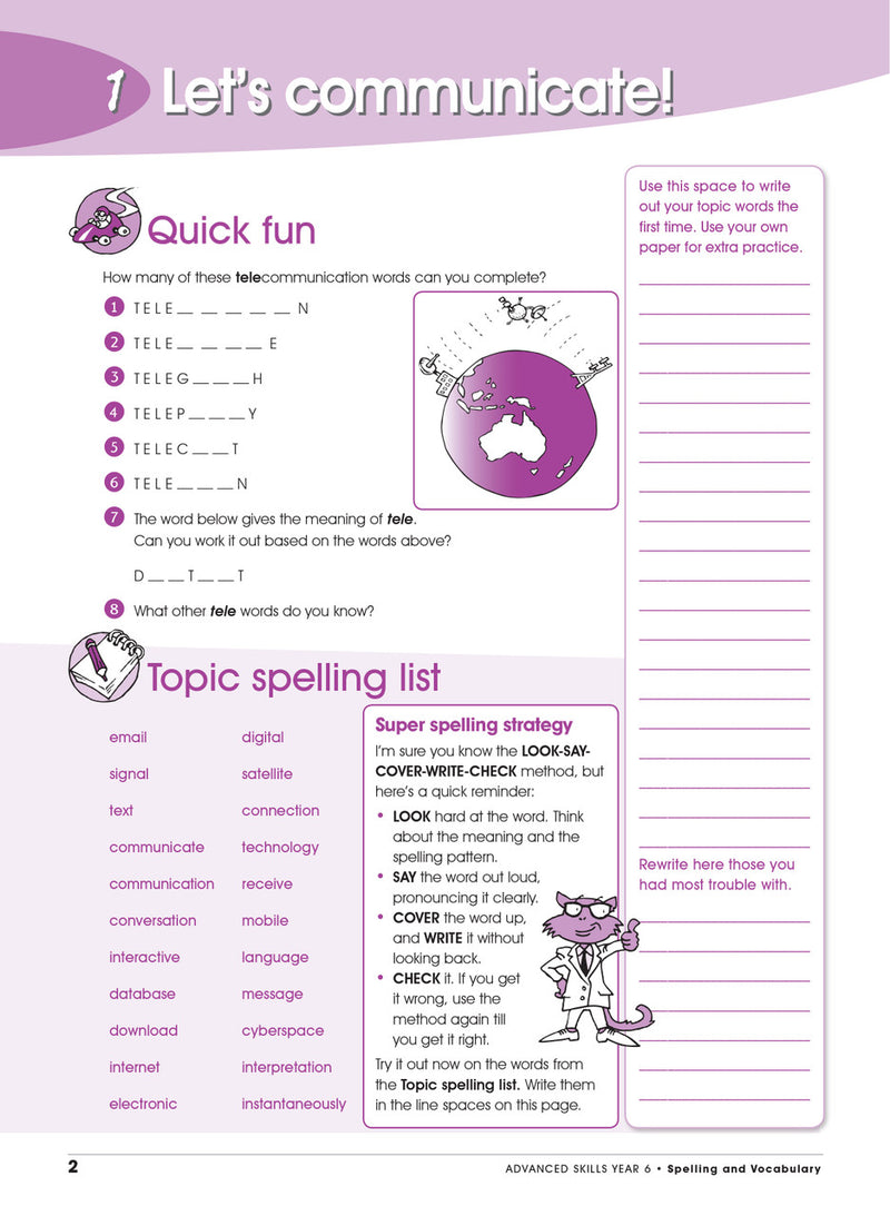 Sample interior page from the Excel Advanced Skills Spelling and Vocabulary Year 6 workbook showing the layout of the activities