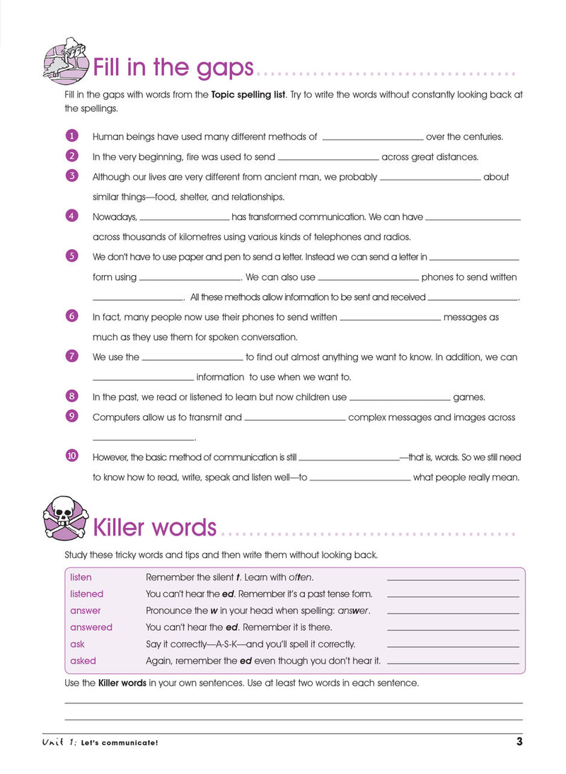 Sample interior page from the Excel Advanced Skills Spelling and Vocabulary Year 6 workbook showing the layout of the activities