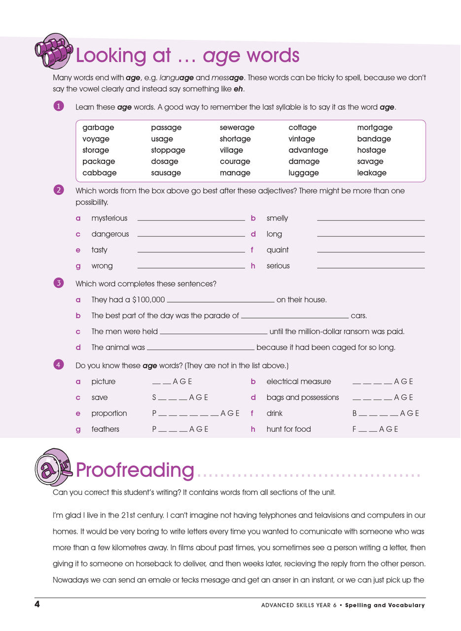 Sample interior page from the Excel Advanced Skills Spelling and Vocabulary Year 6 workbook showing the layout of the activities
