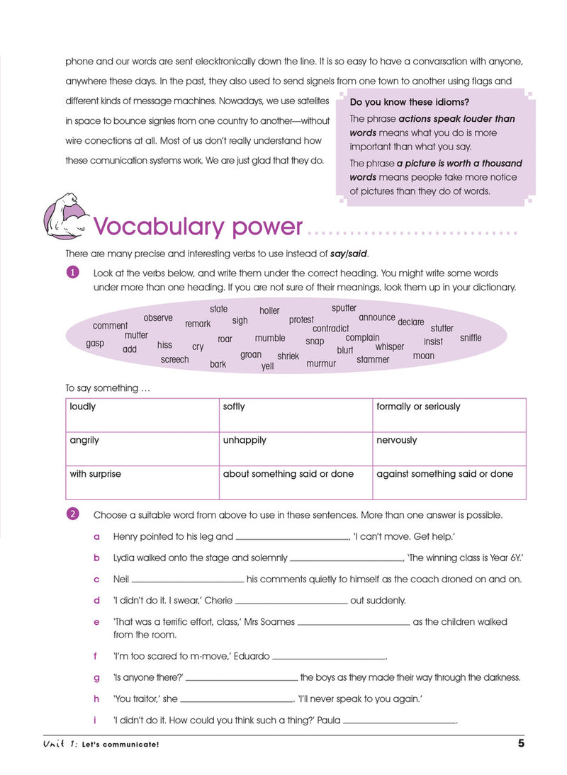 Sample interior page from the Excel Advanced Skills Spelling and Vocabulary Year 6 workbook showing the layout of the activities