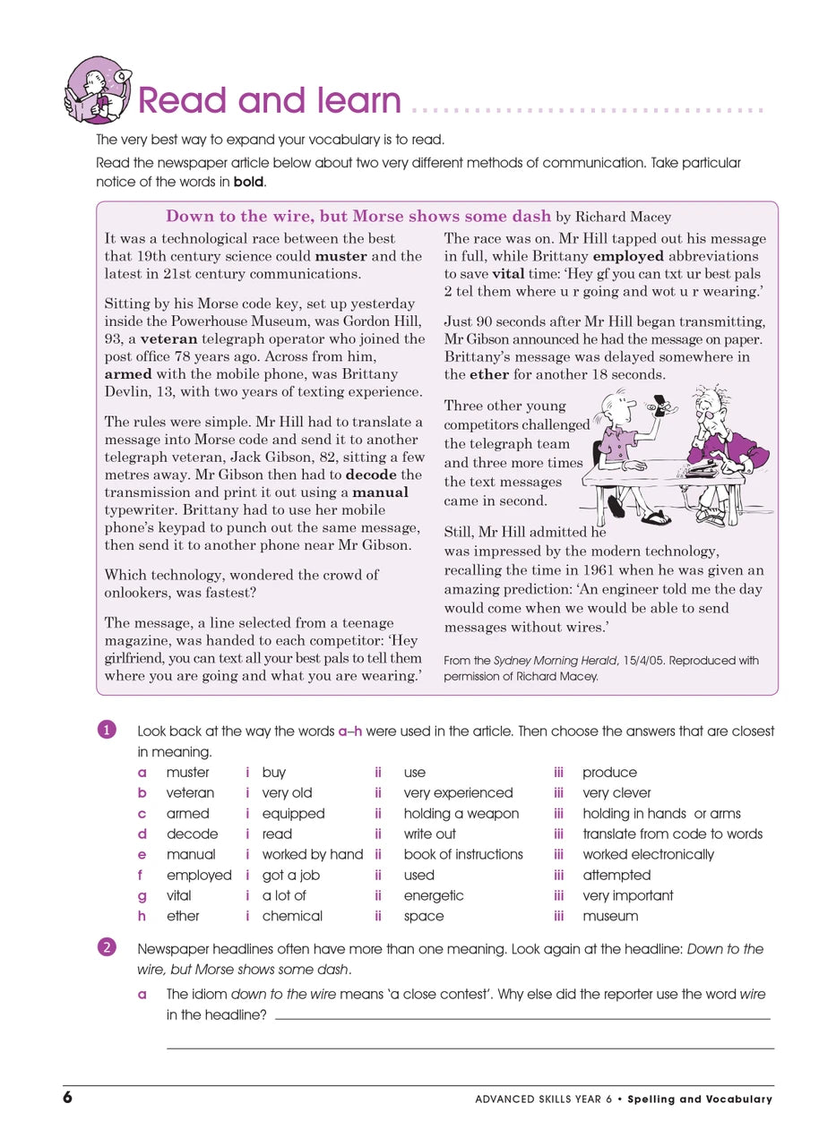 Sample interior page from the Excel Advanced Skills Spelling and Vocabulary Year 6 workbook showing the layout of the activities
