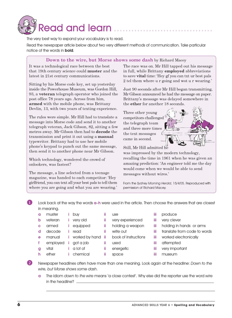 Sample interior page from the Excel Advanced Skills Spelling and Vocabulary Year 6 workbook showing the layout of the activities
