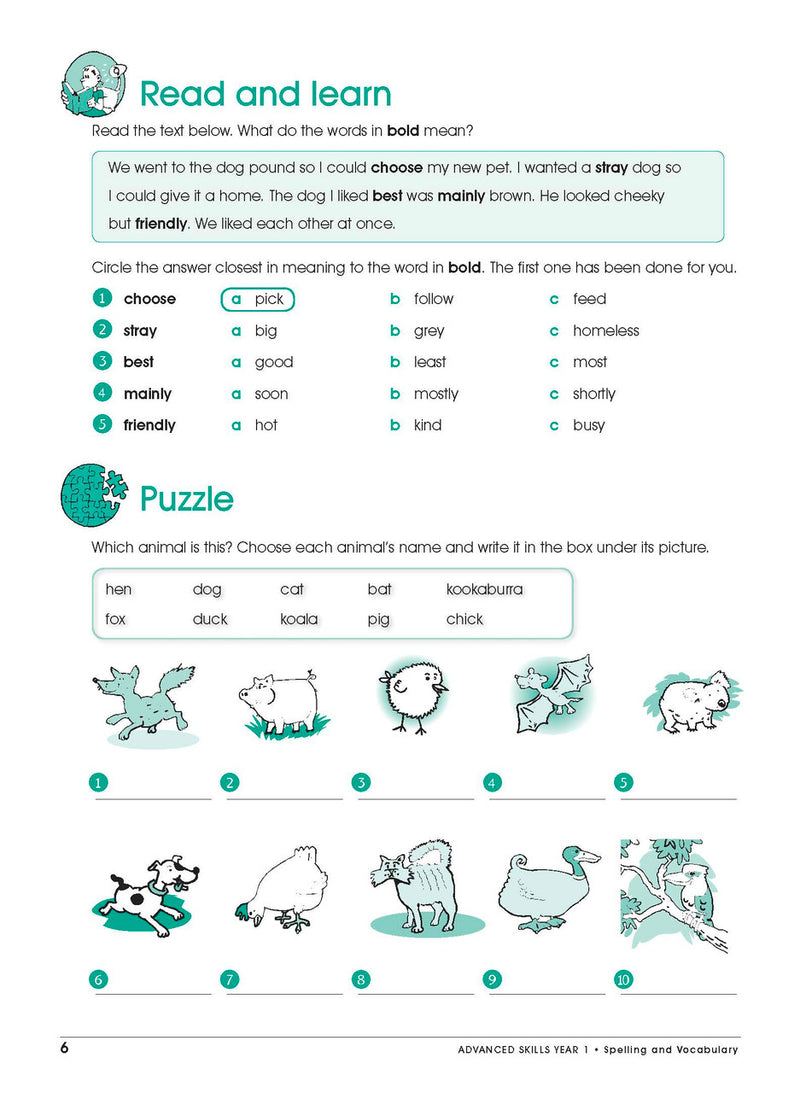 Sample interior page from Excel Advanced Skills Spelling and Vocabulary Workbook Year 1 showing practice activities and exercises for students