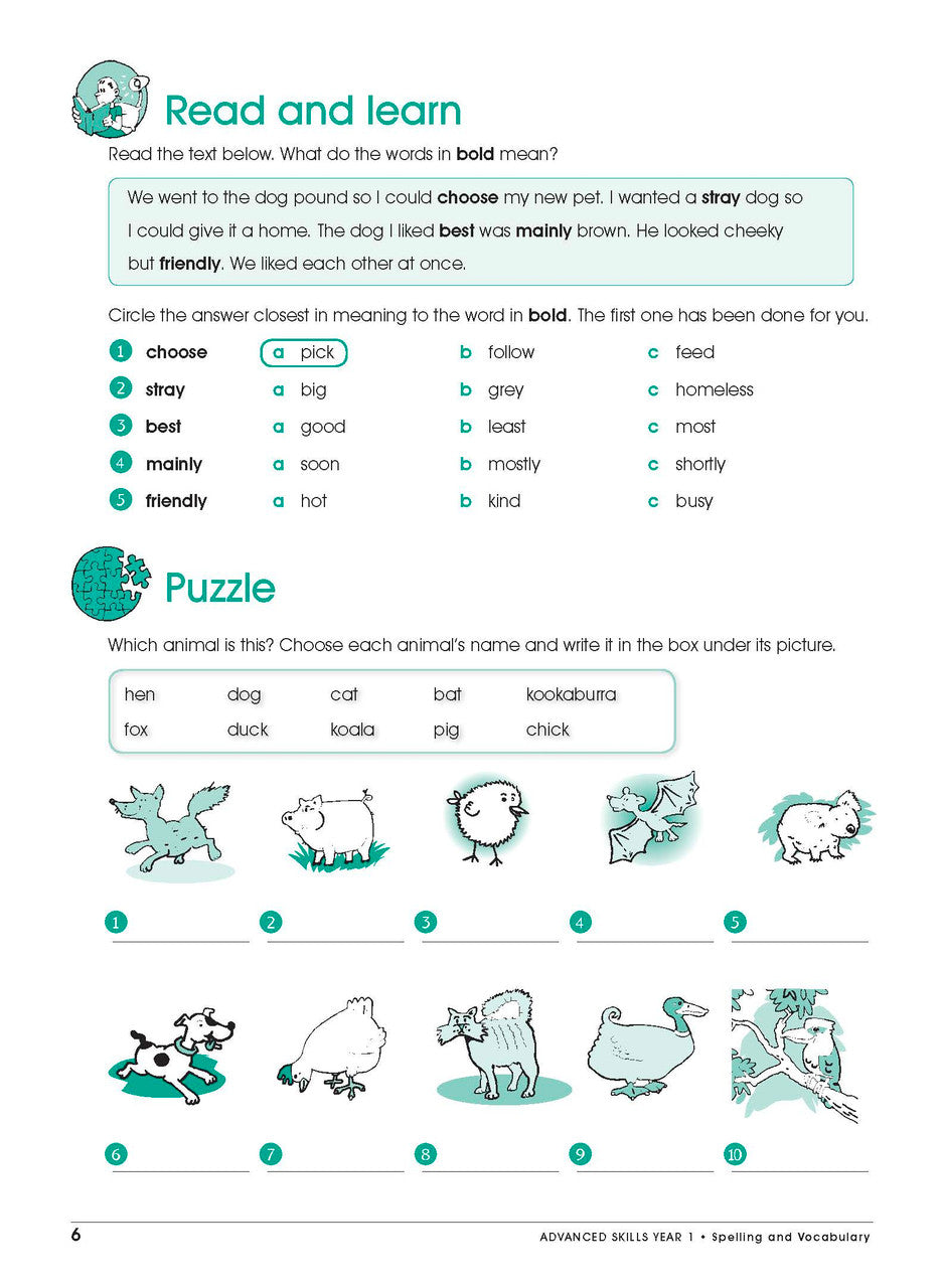Sample interior page from Excel Advanced Skills Spelling and Vocabulary Workbook Year 1 showing practice activities and exercises for students