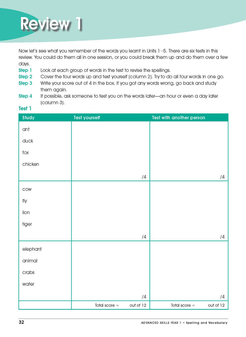 Sample interior page from Excel Advanced Skills Spelling and Vocabulary Workbook Year 1 showing practice activities and exercises for students