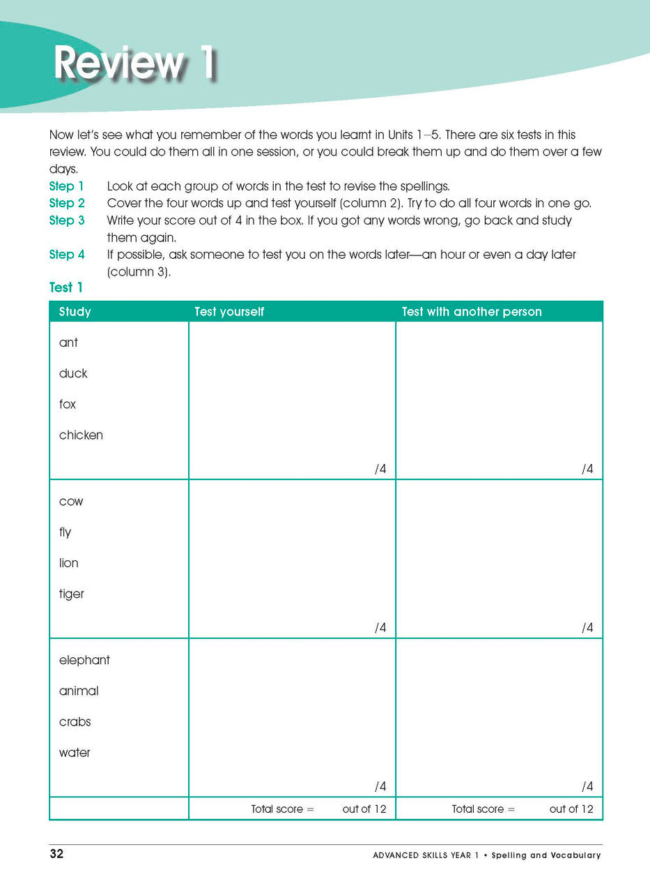 Sample interior page from Excel Advanced Skills Spelling and Vocabulary Workbook Year 1 showing practice activities and exercises for students