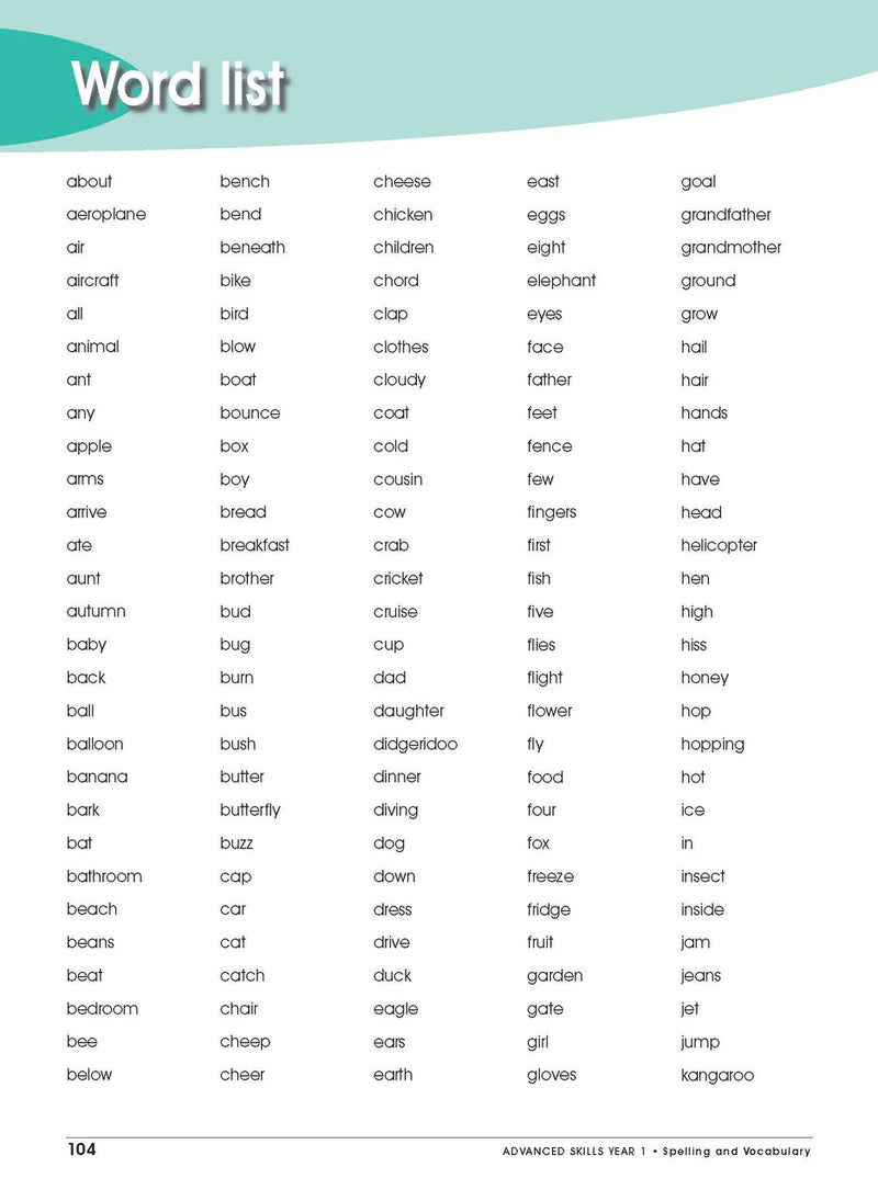 Sample interior page from Excel Advanced Skills Spelling and Vocabulary Workbook Year 1 showing practice activities and exercises for students