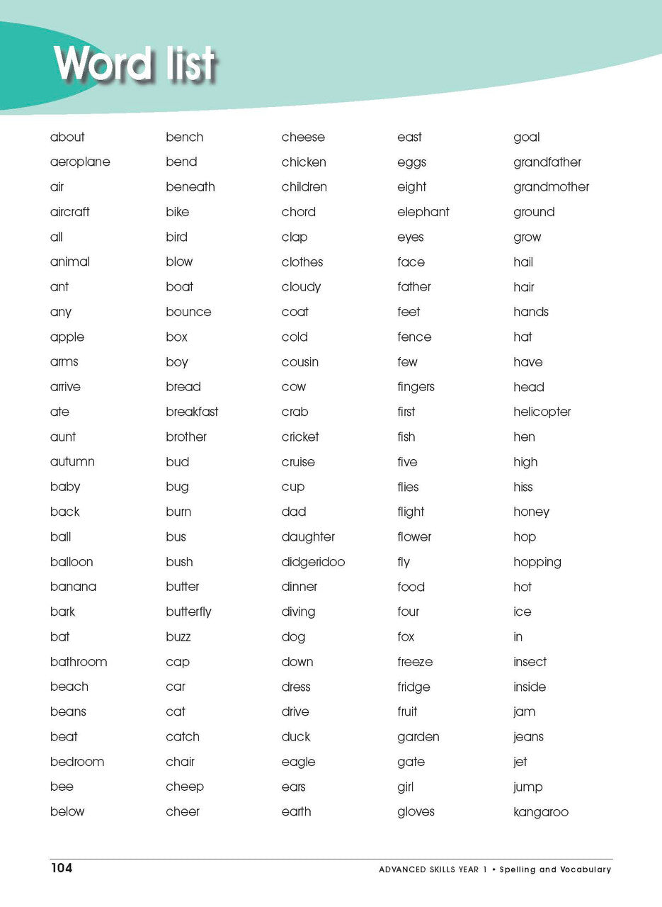 Sample interior page from Excel Advanced Skills Spelling and Vocabulary Workbook Year 1 showing practice activities and exercises for students