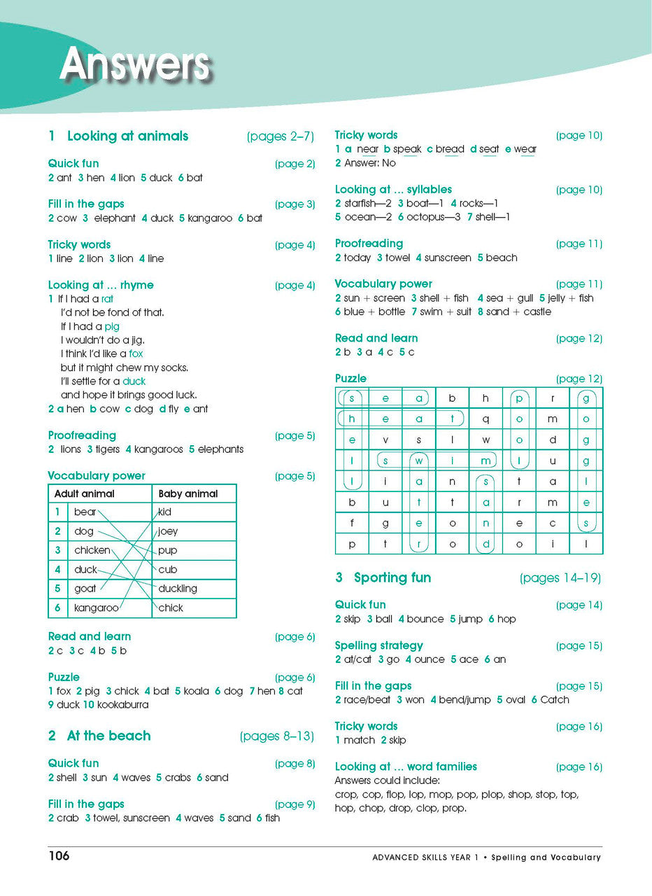 Sample interior page from Excel Advanced Skills Spelling and Vocabulary Workbook Year 1 showing practice activities and exercises for students