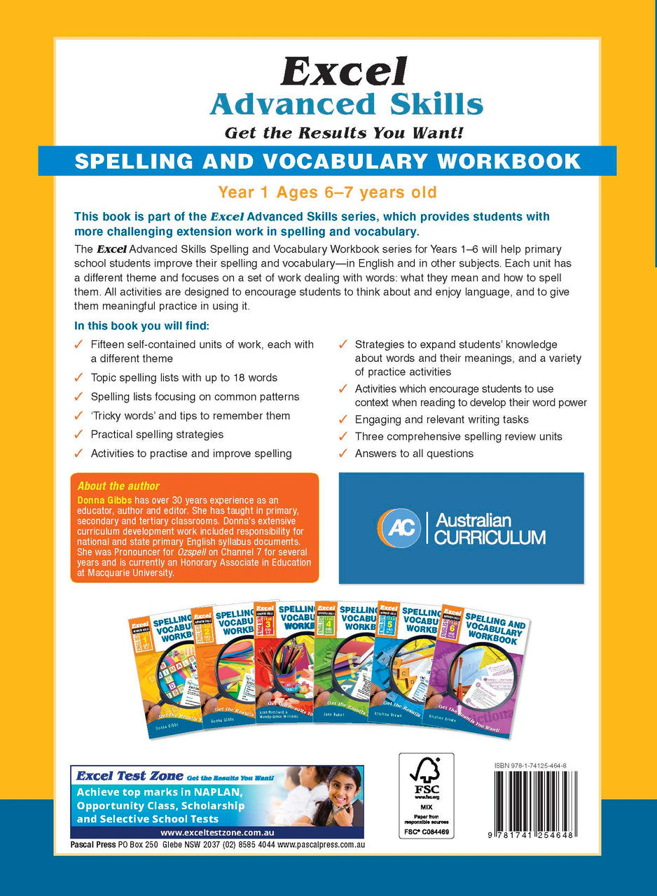 Back cover of Excel Advanced Skills Spelling and Vocabulary Workbook Year 1 showing the publisher's summary of the book and the Excel Advanced Skills series