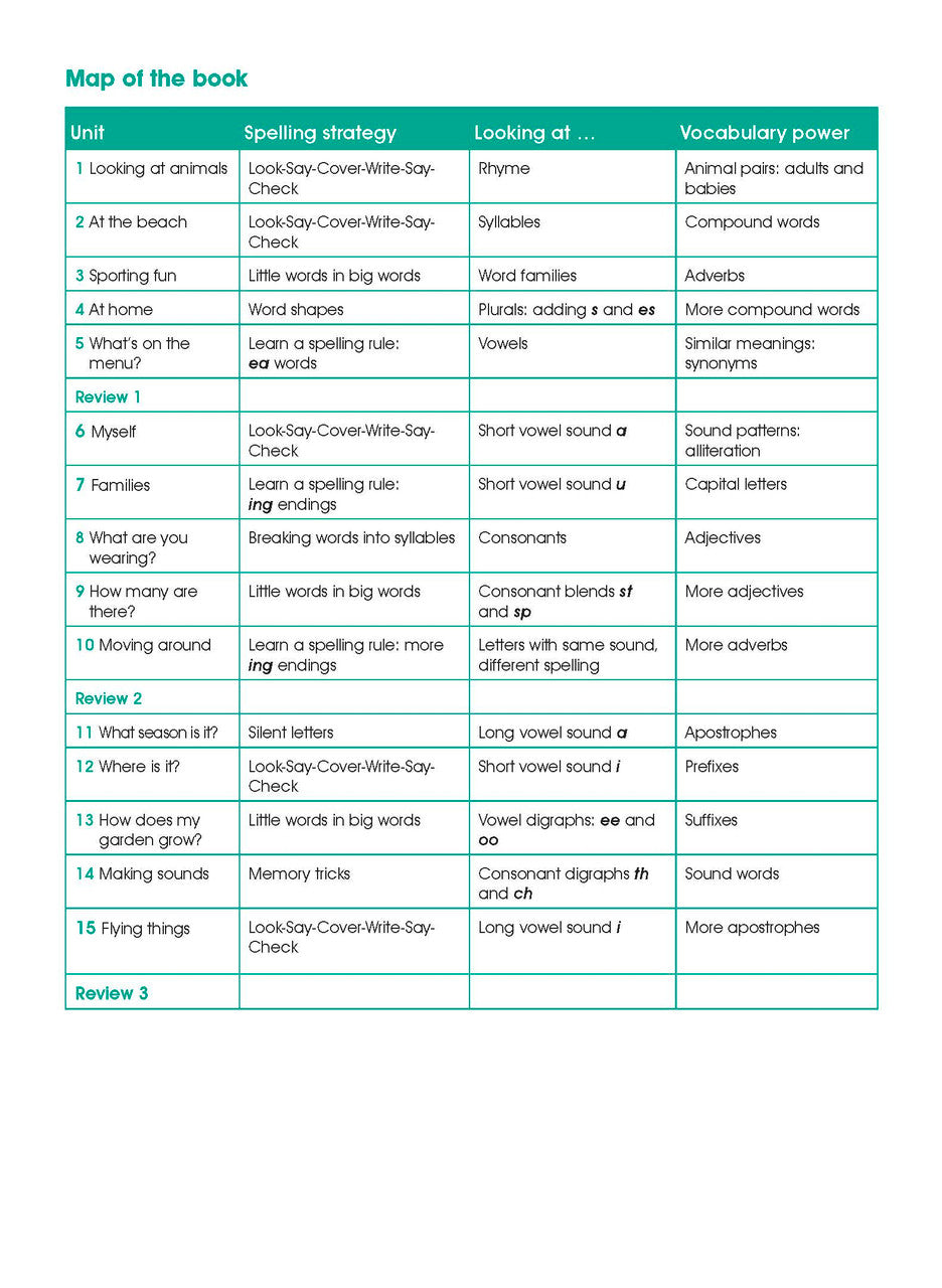 Inside front cover of Excel Advanced Skills Spelling and Vocabulary Workbook Year 1 showing the opening pages of the Excel Advanced Skills workbook
