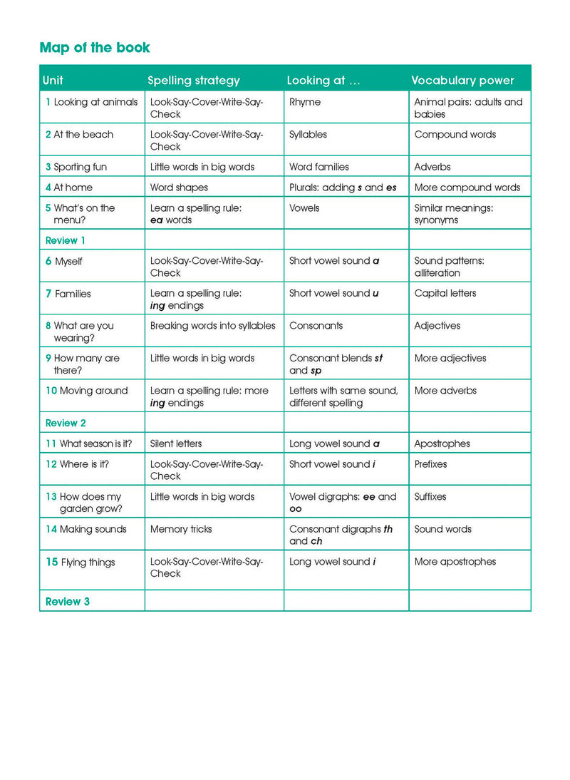 Inside front cover of Excel Advanced Skills Spelling and Vocabulary Workbook Year 1 showing the opening pages of the Excel Advanced Skills workbook