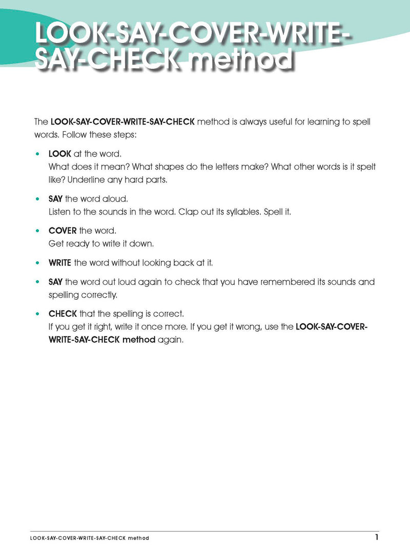 Sample interior page from Excel Advanced Skills Spelling and Vocabulary Workbook Year 1 showing practice activities and exercises for students