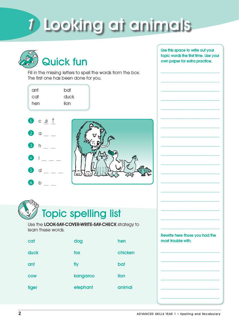 Sample interior page from Excel Advanced Skills Spelling and Vocabulary Workbook Year 1 showing practice activities and exercises for students
