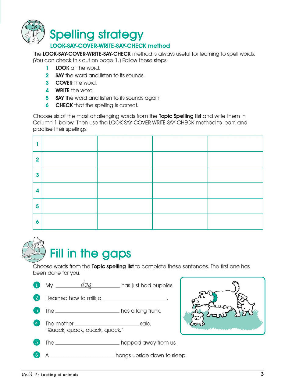 Sample interior page from Excel Advanced Skills Spelling and Vocabulary Workbook Year 1 showing practice activities and exercises for students