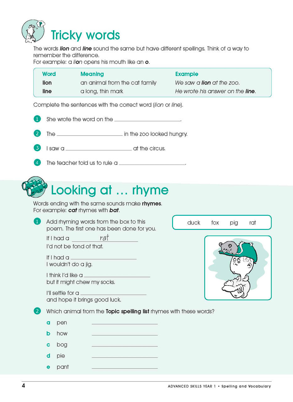 Sample interior page from Excel Advanced Skills Spelling and Vocabulary Workbook Year 1 showing practice activities and exercises for students