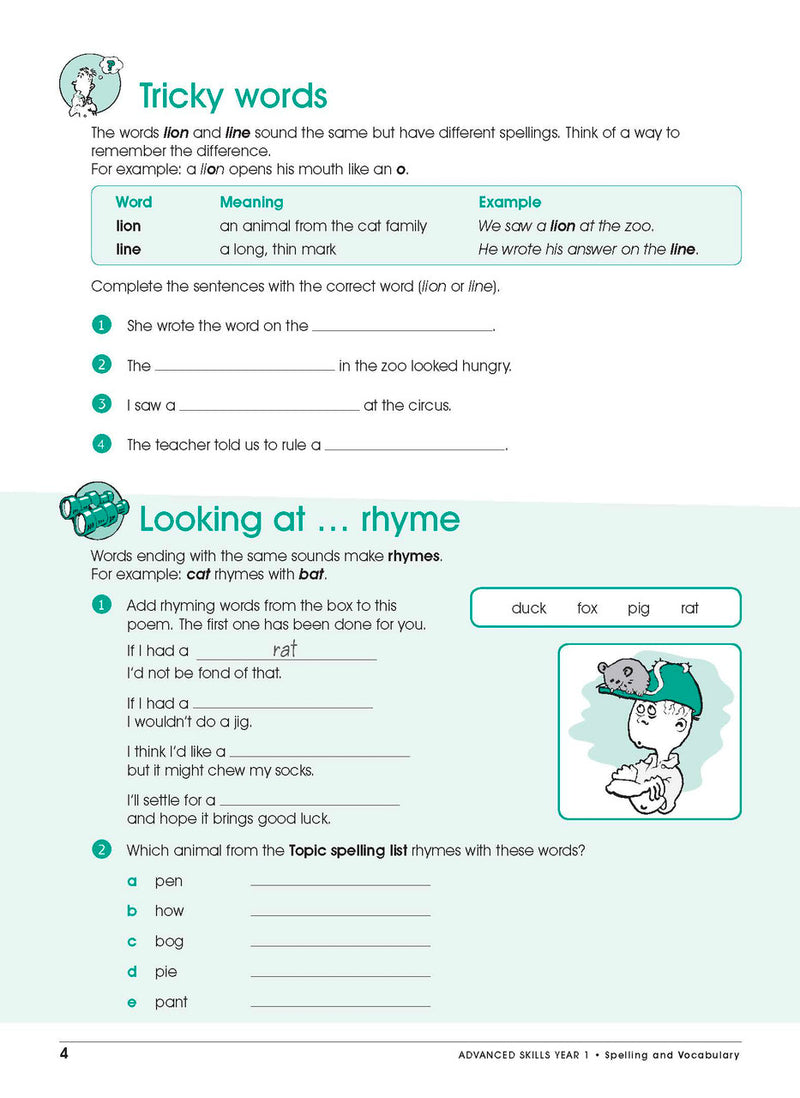 Sample interior page from Excel Advanced Skills Spelling and Vocabulary Workbook Year 1 showing practice activities and exercises for students