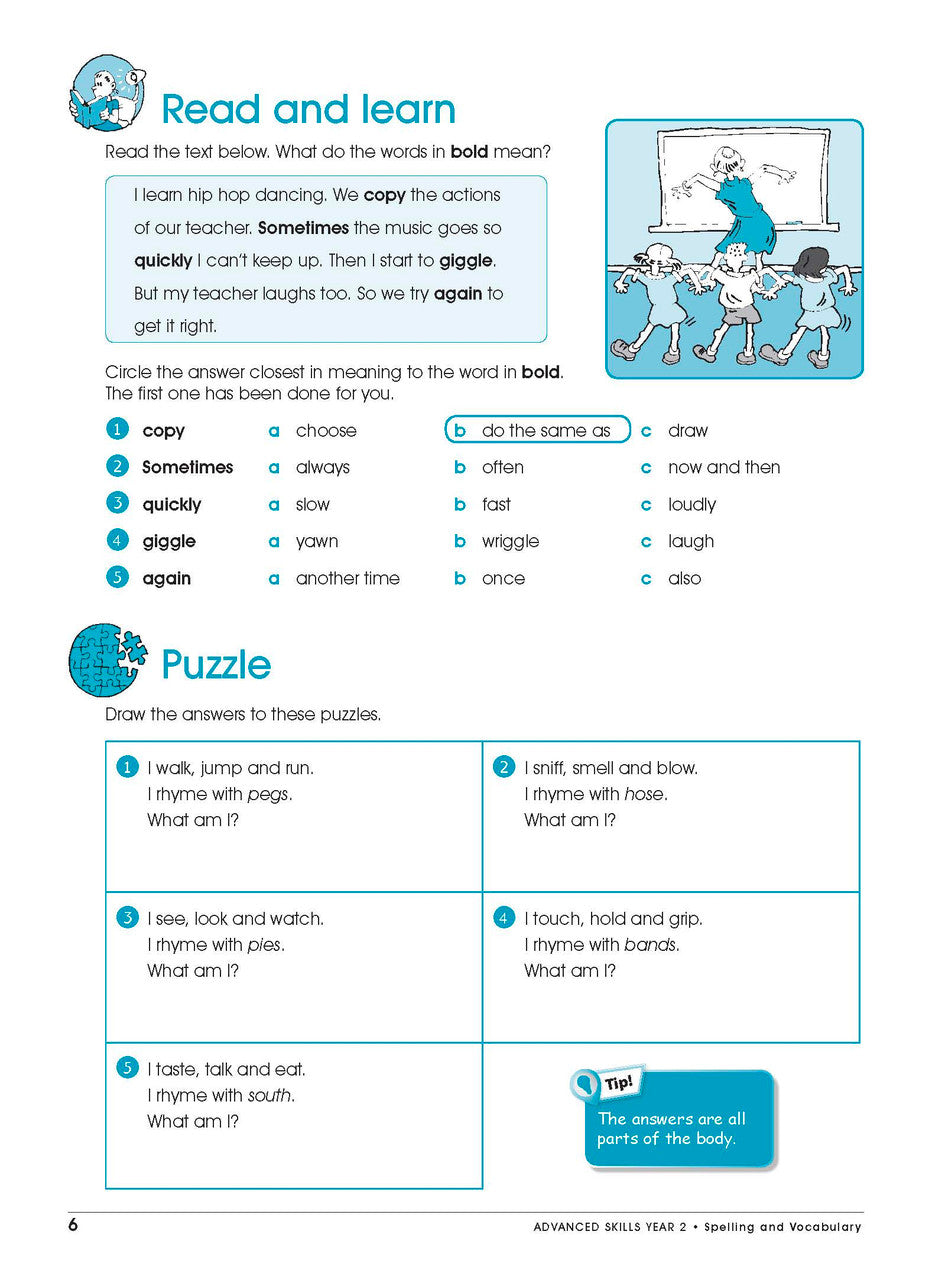 Sample interior page from Excel Advanced Skills Spelling and Vocabulary Workbook Year 2 showing practice activities and exercises for students