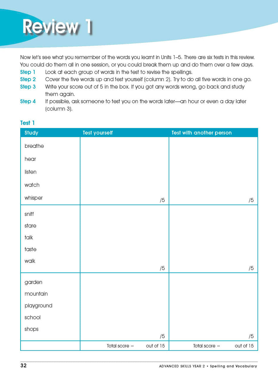Sample interior page from Excel Advanced Skills Spelling and Vocabulary Workbook Year 2 showing practice activities and exercises for students