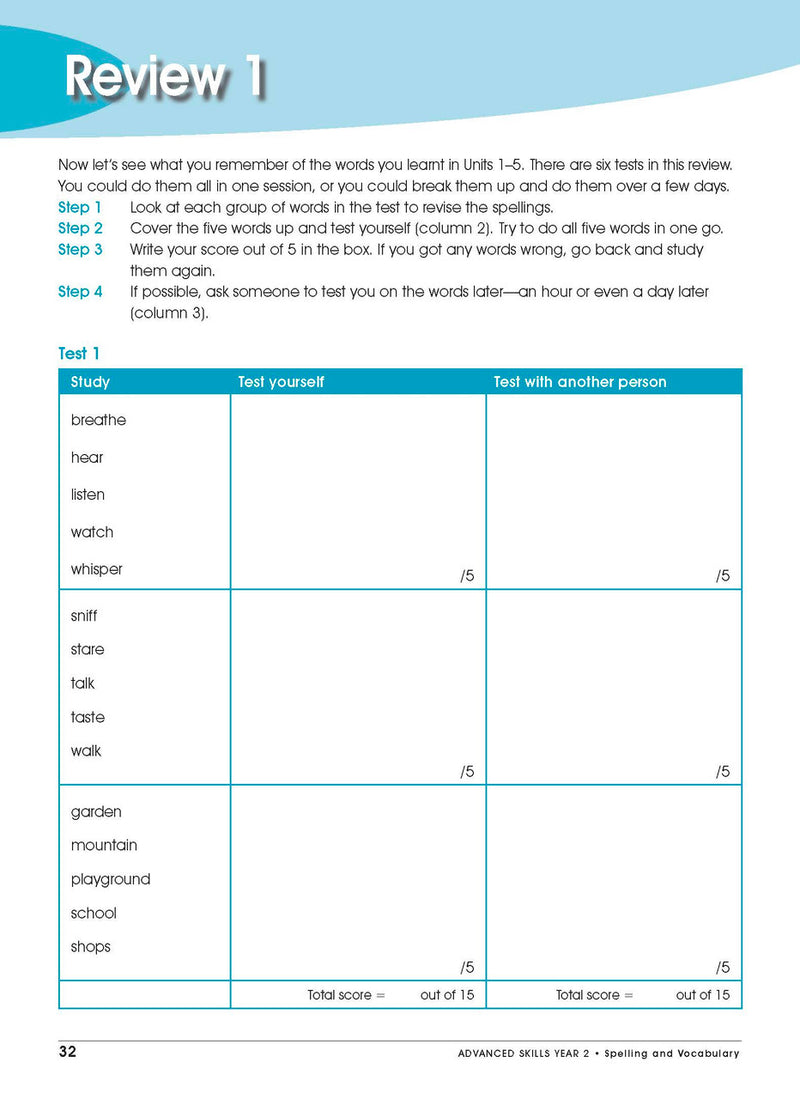 Sample interior page from Excel Advanced Skills Spelling and Vocabulary Workbook Year 2 showing practice activities and exercises for students