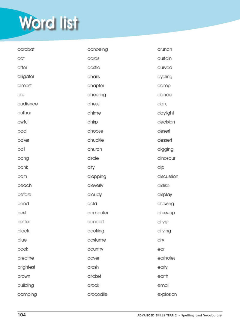 Sample interior page from Excel Advanced Skills Spelling and Vocabulary Workbook Year 2 showing practice activities and exercises for students