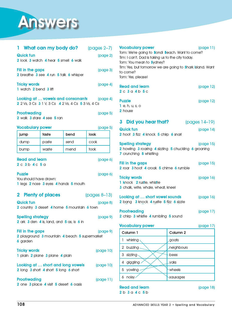 Sample interior page from Excel Advanced Skills Spelling and Vocabulary Workbook Year 2 showing practice activities and exercises for students