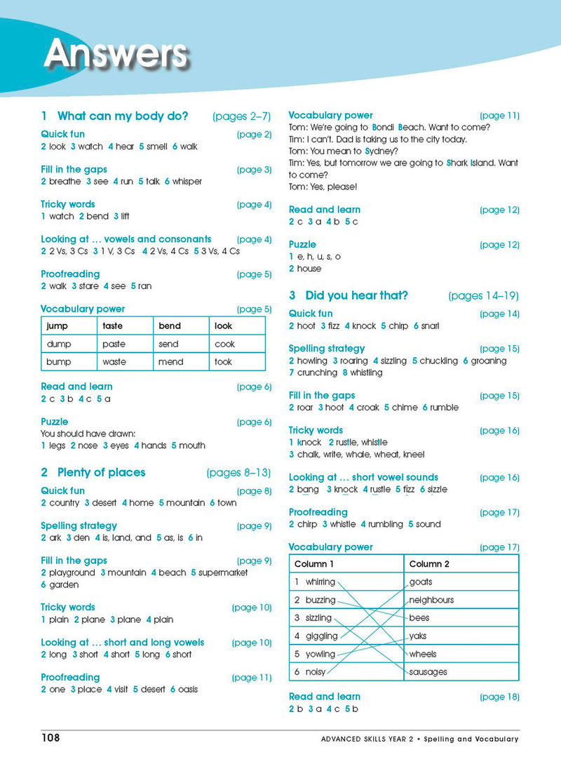 Sample interior page from Excel Advanced Skills Spelling and Vocabulary Workbook Year 2 showing practice activities and exercises for students