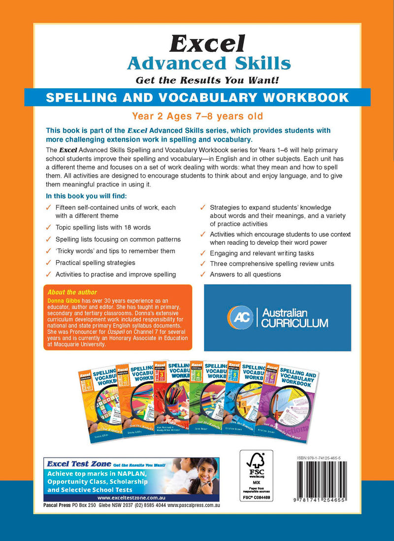 Back cover of Excel Advanced Skills Spelling and Vocabulary Workbook Year 2 showing the publisher's summary of the book and the Excel Advanced Skills series