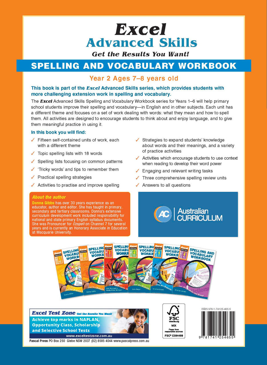 Back cover of Excel Advanced Skills Spelling and Vocabulary Workbook Year 2 showing the publisher's summary of the book and the Excel Advanced Skills series