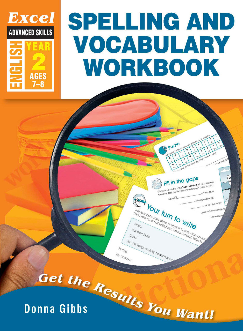 Front cover of Excel Advanced Skills Spelling and Vocabulary Workbook Year 2, a Pascal Press Excel Advanced Skills paperback English workbook for primary students