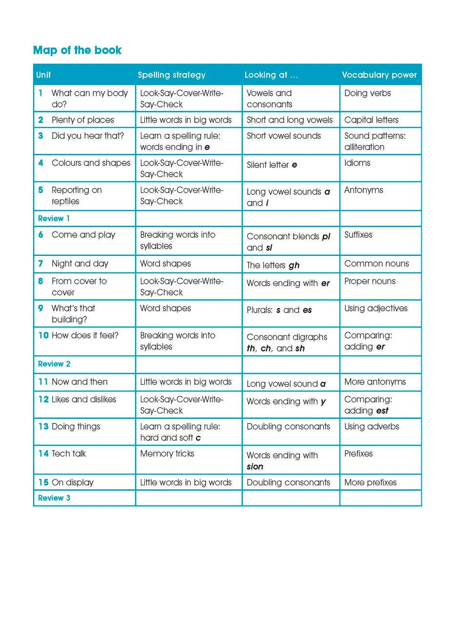 Inside front cover of Excel Advanced Skills Spelling and Vocabulary Workbook Year 2 showing the opening pages of the Excel Advanced Skills workbook