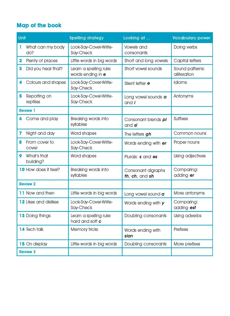Inside front cover of Excel Advanced Skills Spelling and Vocabulary Workbook Year 2 showing the opening pages of the Excel Advanced Skills workbook
