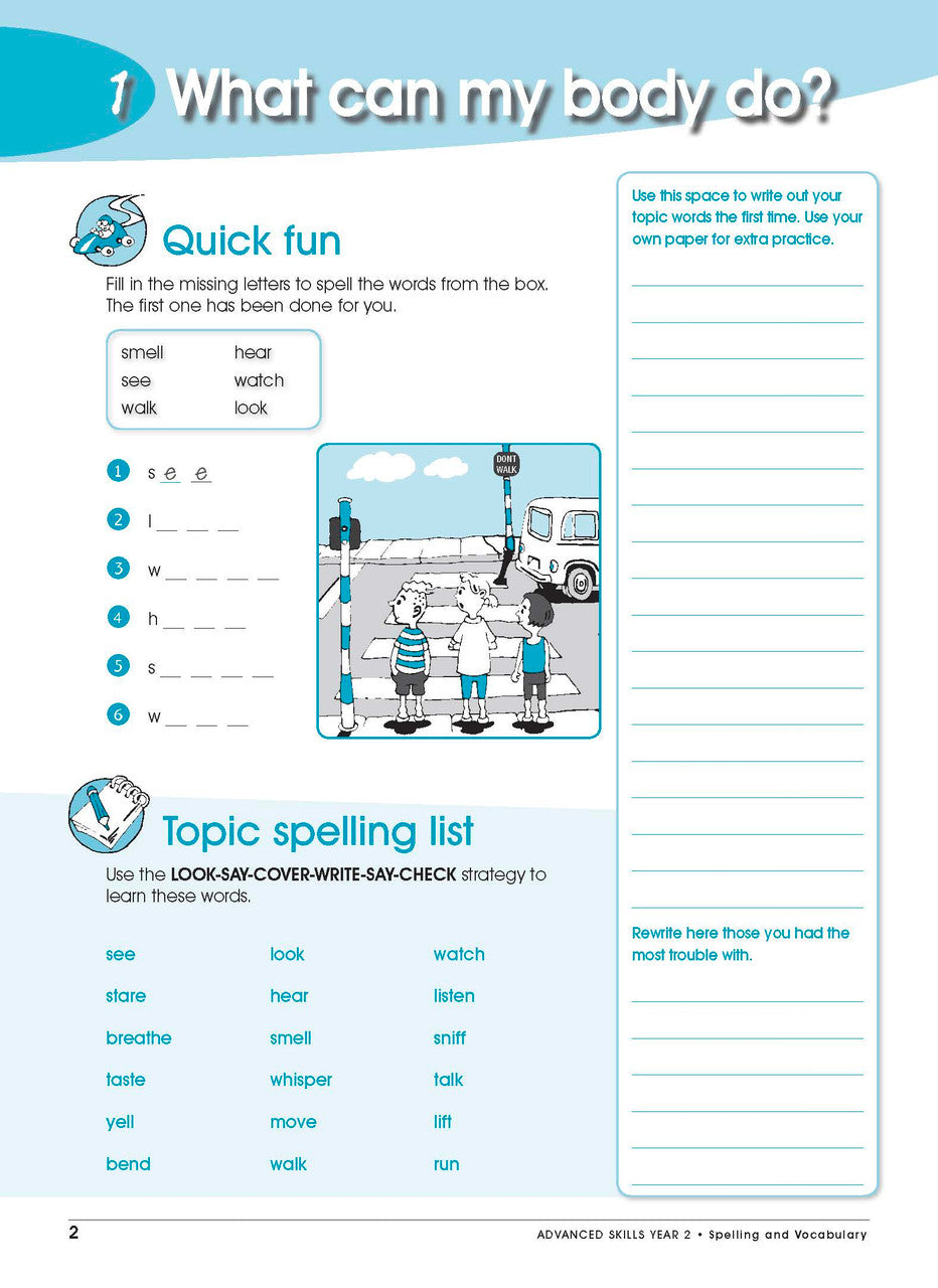 Sample interior page from Excel Advanced Skills Spelling and Vocabulary Workbook Year 2 showing practice activities and exercises for students