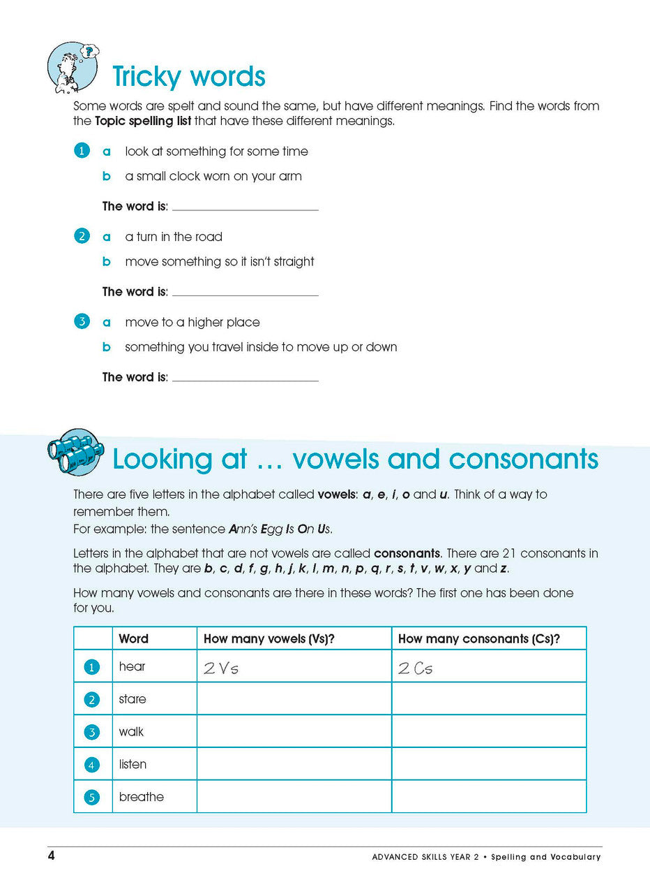 Sample interior page from Excel Advanced Skills Spelling and Vocabulary Workbook Year 2 showing practice activities and exercises for students