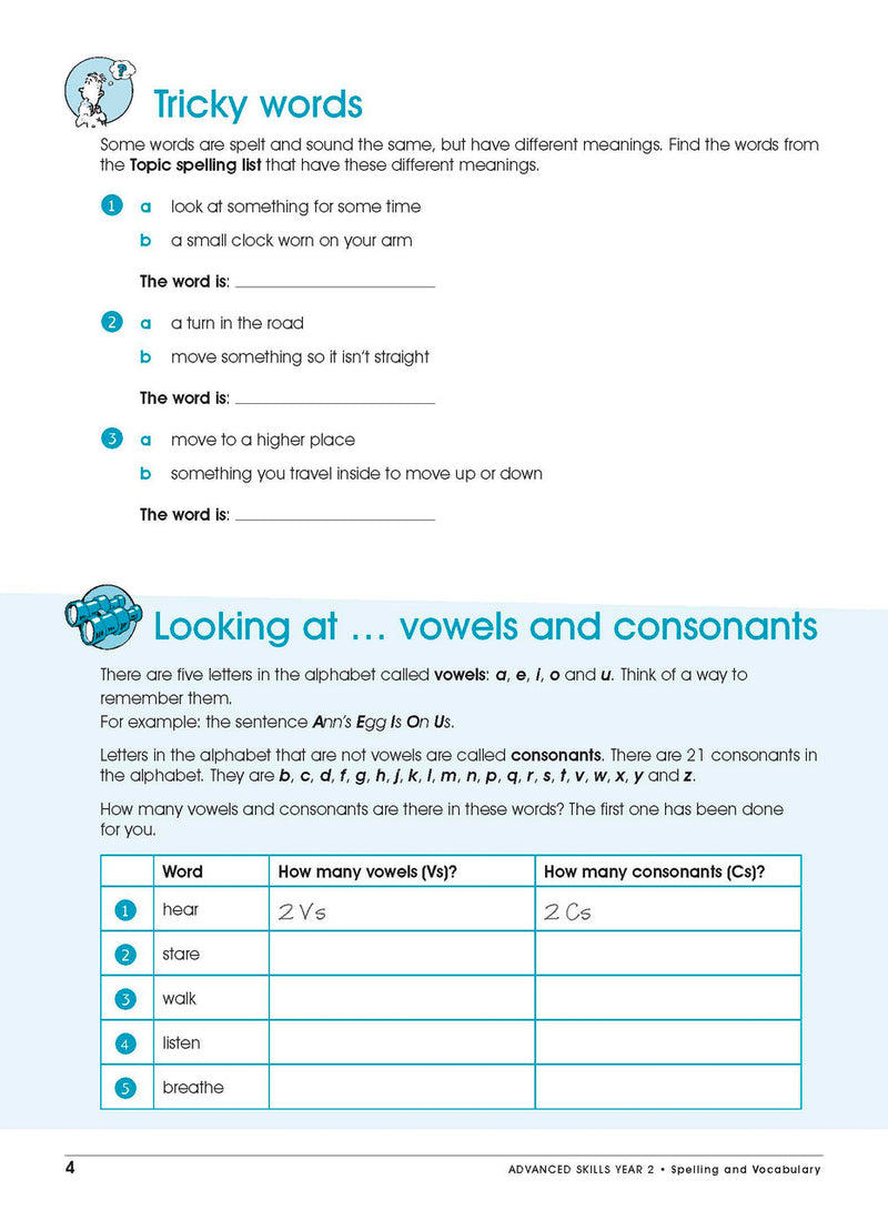 Sample interior page from Excel Advanced Skills Spelling and Vocabulary Workbook Year 2 showing practice activities and exercises for students