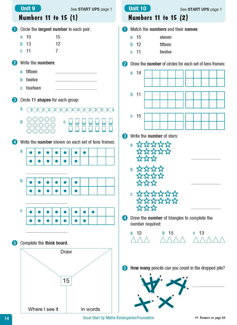 Sample interior page from the Excel Advanced Skills Start Up Maths Foundation workbook showing the layout of the activities