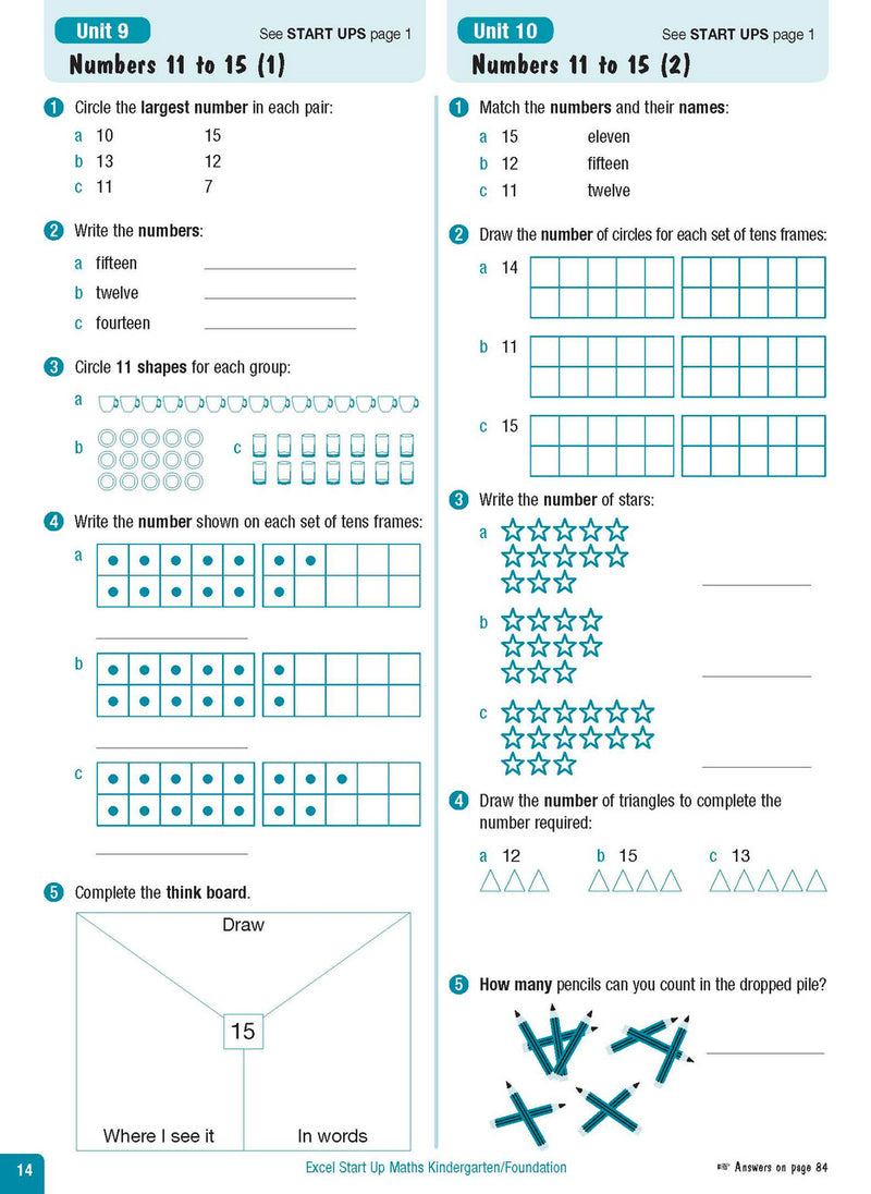 Sample interior page from the Excel Advanced Skills Start Up Maths Foundation workbook showing the layout of the activities