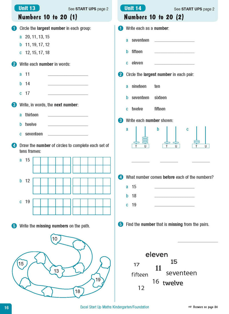 Sample interior page from the Excel Advanced Skills Start Up Maths Foundation workbook showing the layout of the activities