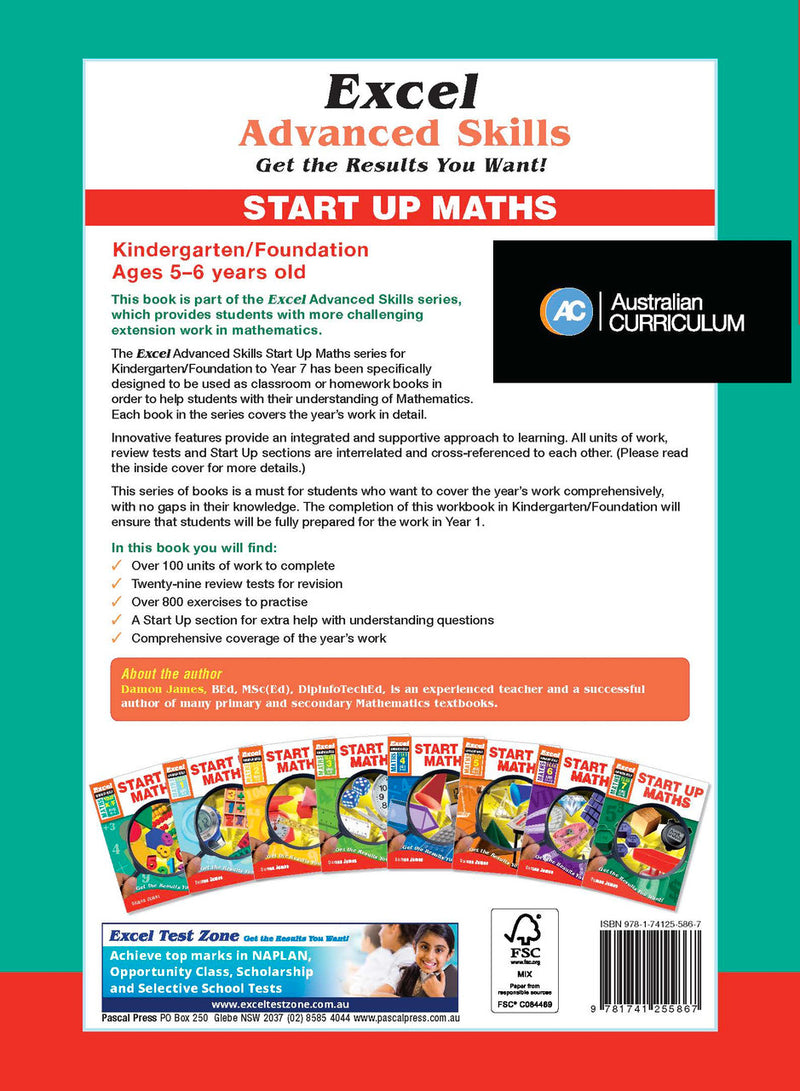 Back cover of the Excel Advanced Skills Start Up Maths Foundation workbook as shown in the Pascal Press product gallery