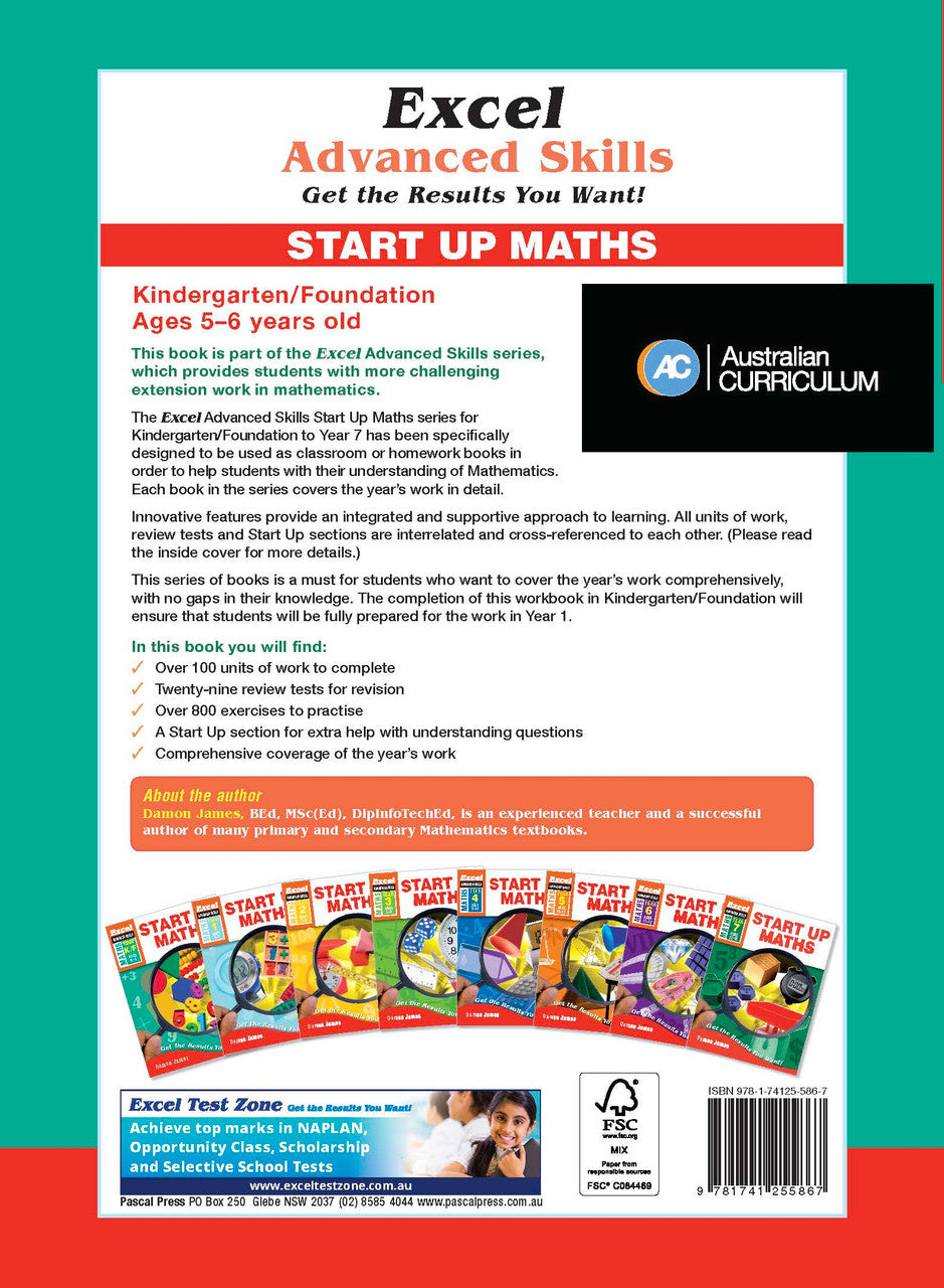 Back cover of the Excel Advanced Skills Start Up Maths Foundation workbook as shown in the Pascal Press product gallery