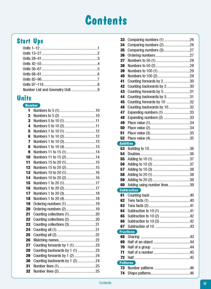Contents page from the Excel Advanced Skills Start Up Maths Foundation workbook listing the units and sections inside