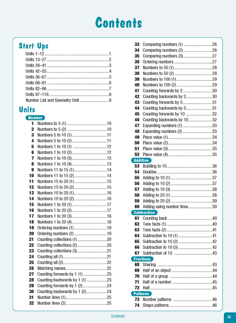Contents page from the Excel Advanced Skills Start Up Maths Foundation workbook listing the units and sections inside