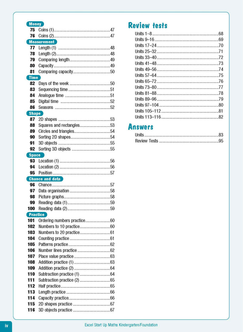 Contents page from the Excel Advanced Skills Start Up Maths Foundation workbook listing the units and sections inside