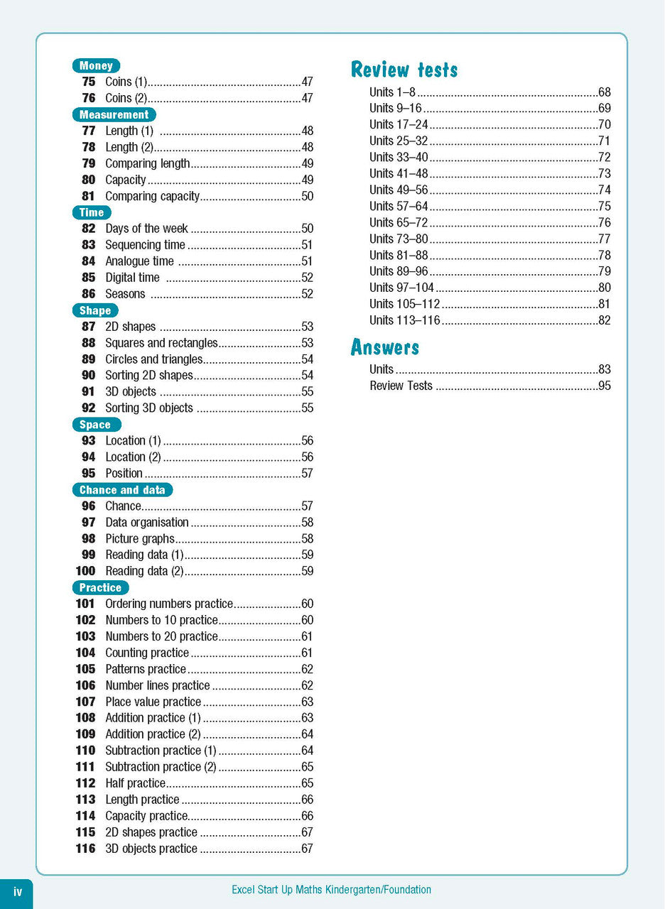 Contents page from the Excel Advanced Skills Start Up Maths Foundation workbook listing the units and sections inside
