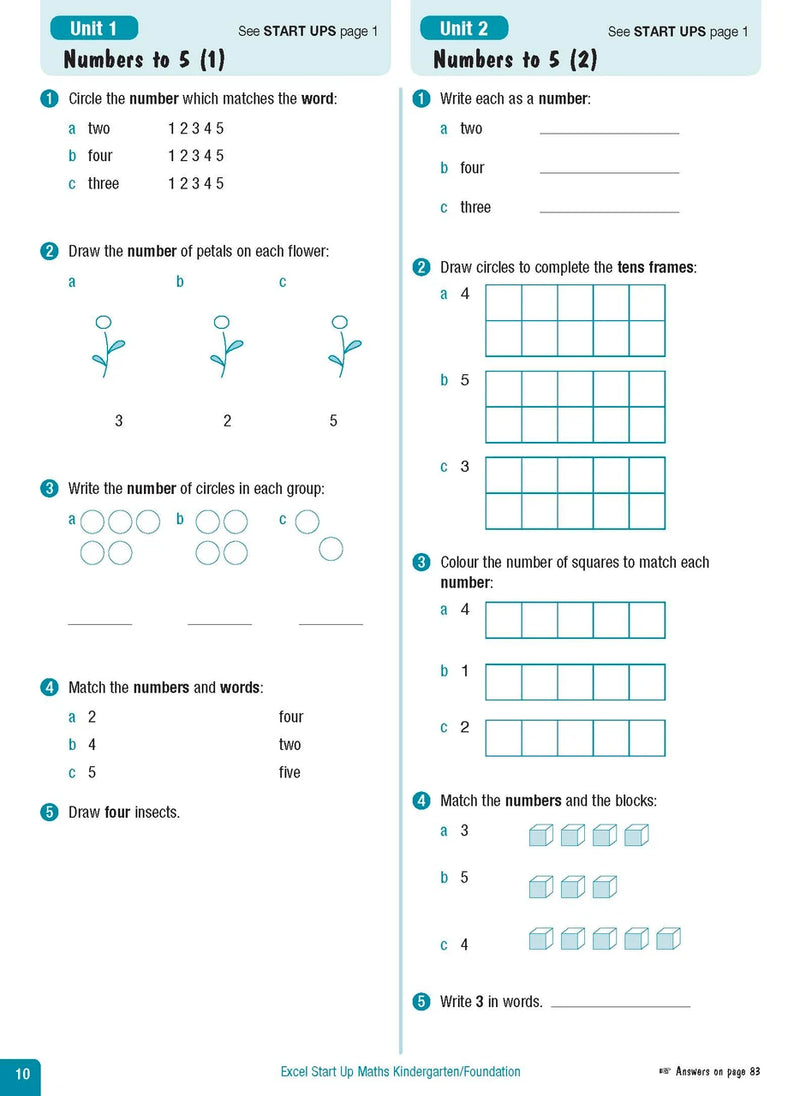 Sample interior page from the Excel Advanced Skills Start Up Maths Foundation workbook showing the layout of the activities