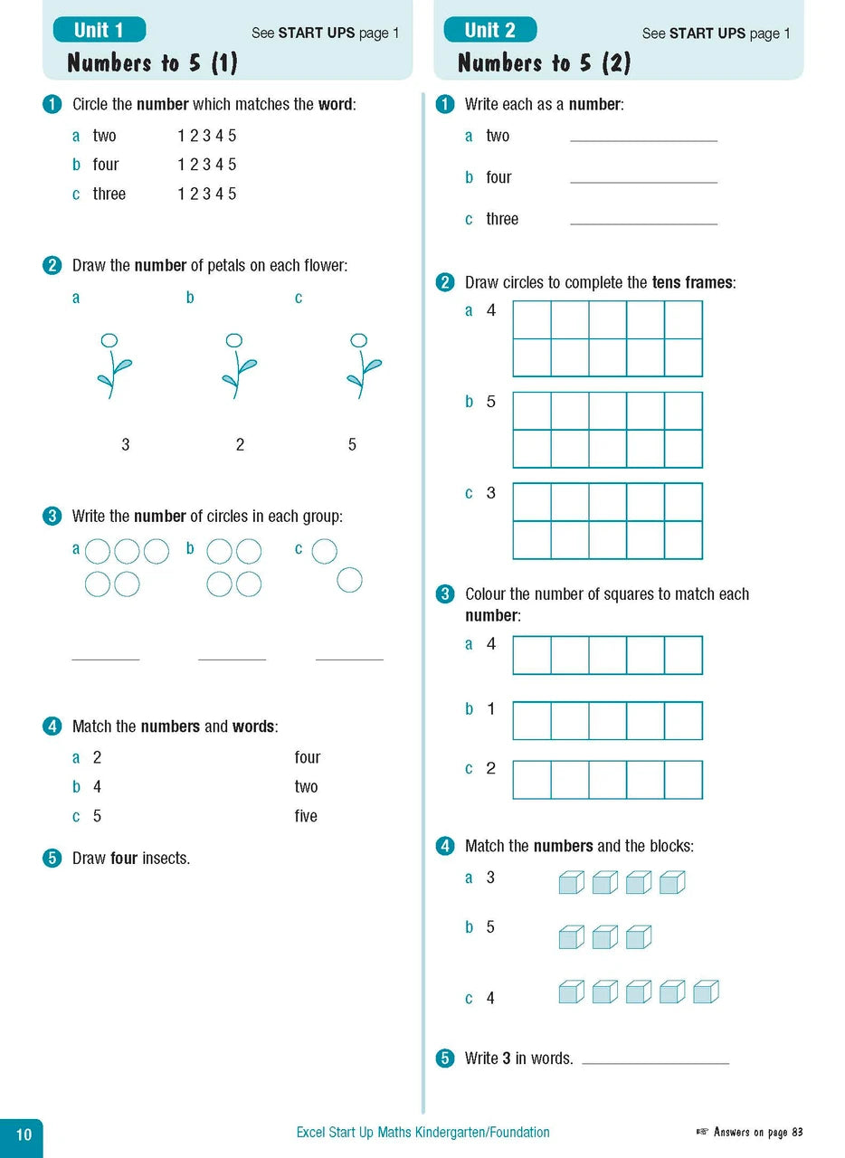 Sample interior page from the Excel Advanced Skills Start Up Maths Foundation workbook showing the layout of the activities