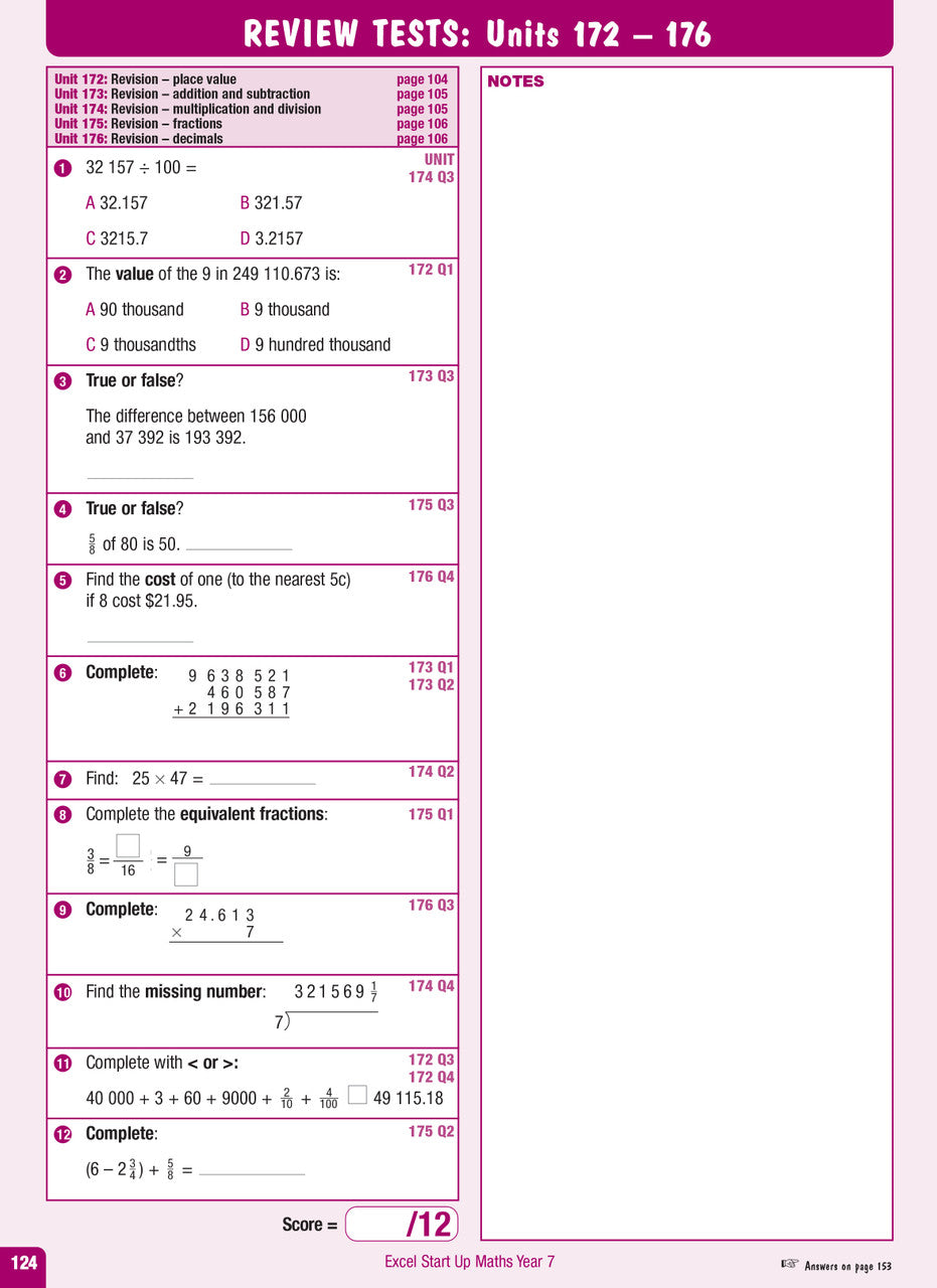 Sample interior page from the Excel Advanced Skills Start Up Maths Year 7 workbook showing maths units and practice exercises