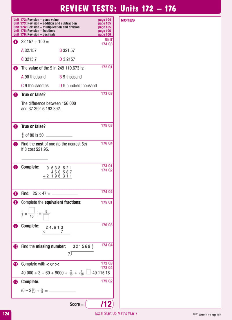 Sample interior page from the Excel Advanced Skills Start Up Maths Year 7 workbook showing maths units and practice exercises