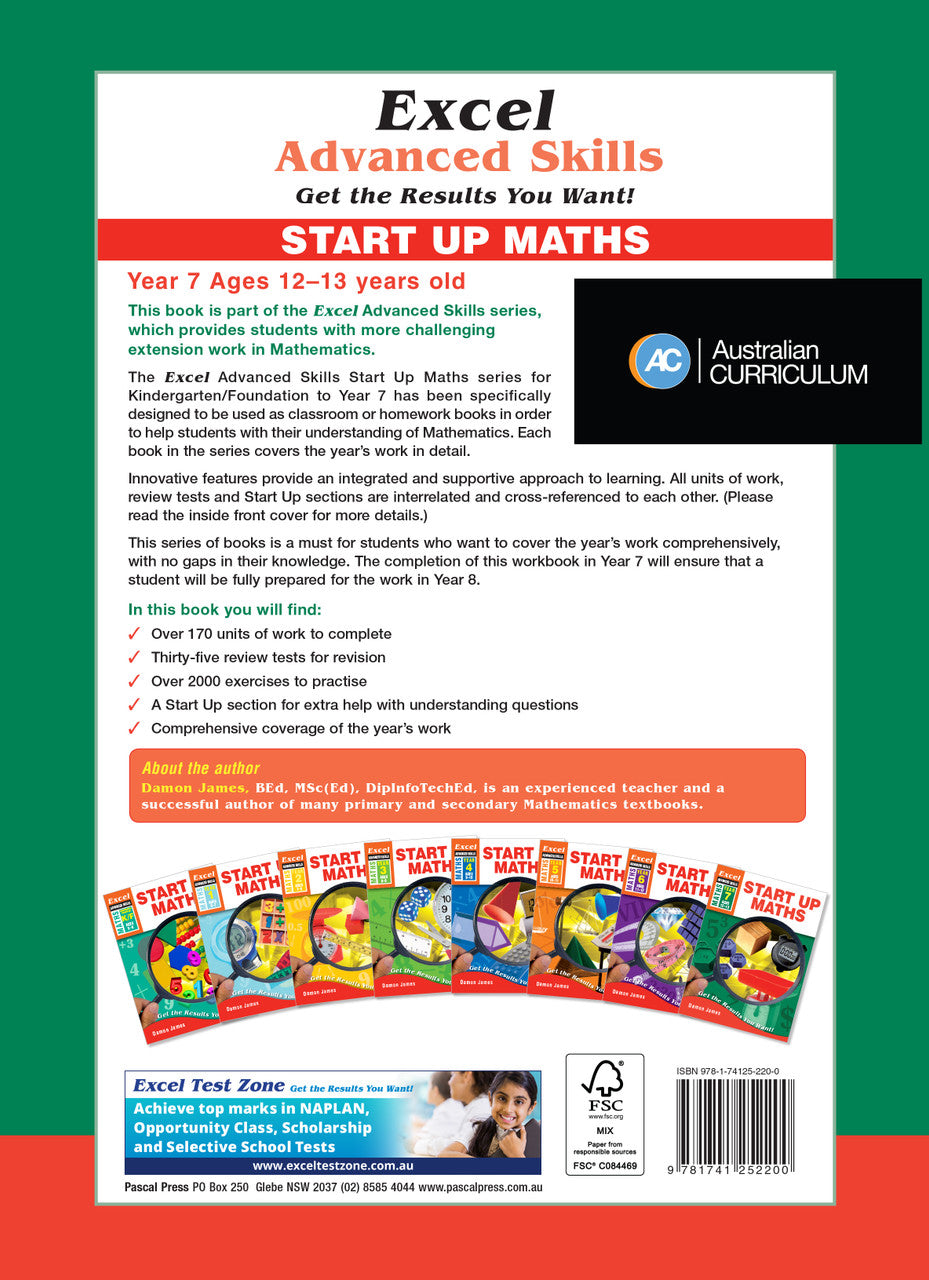 Back cover of the Excel Advanced Skills Start Up Maths Year 7 workbook as shown in the Pascal Press gallery